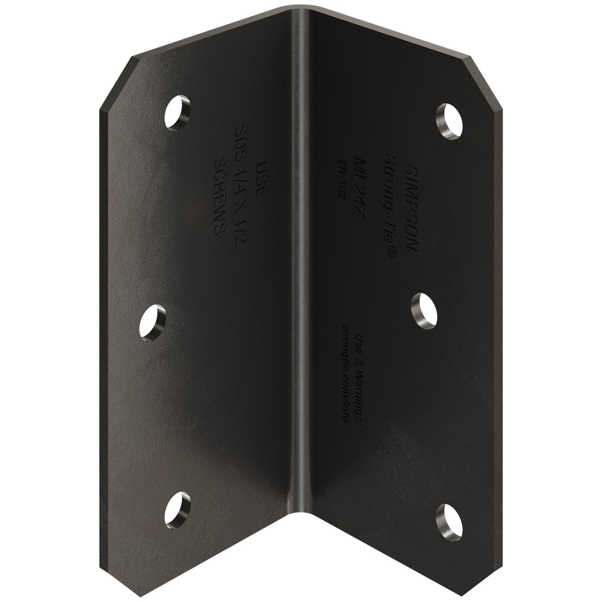 A black metal L-bracket with pre-drilled screw holes and embossed technical specifications on a solid white background.