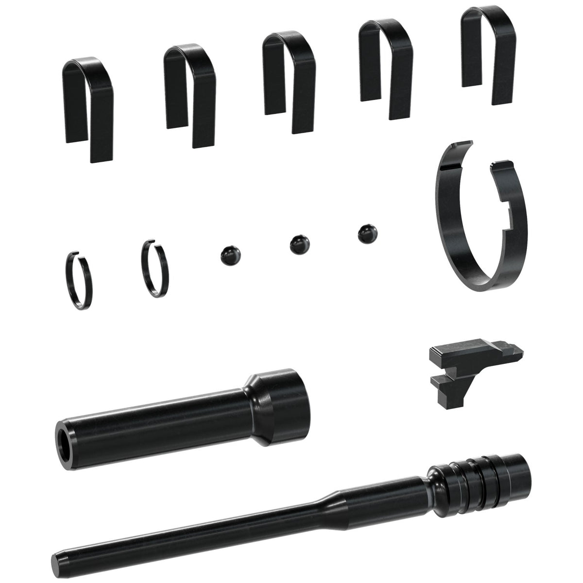 Collection of black mechanical components on a white background