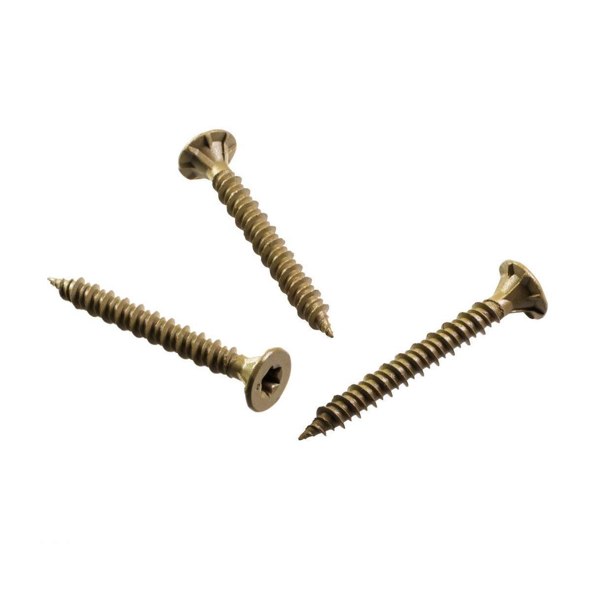 Three brass-colored screws on a white background
