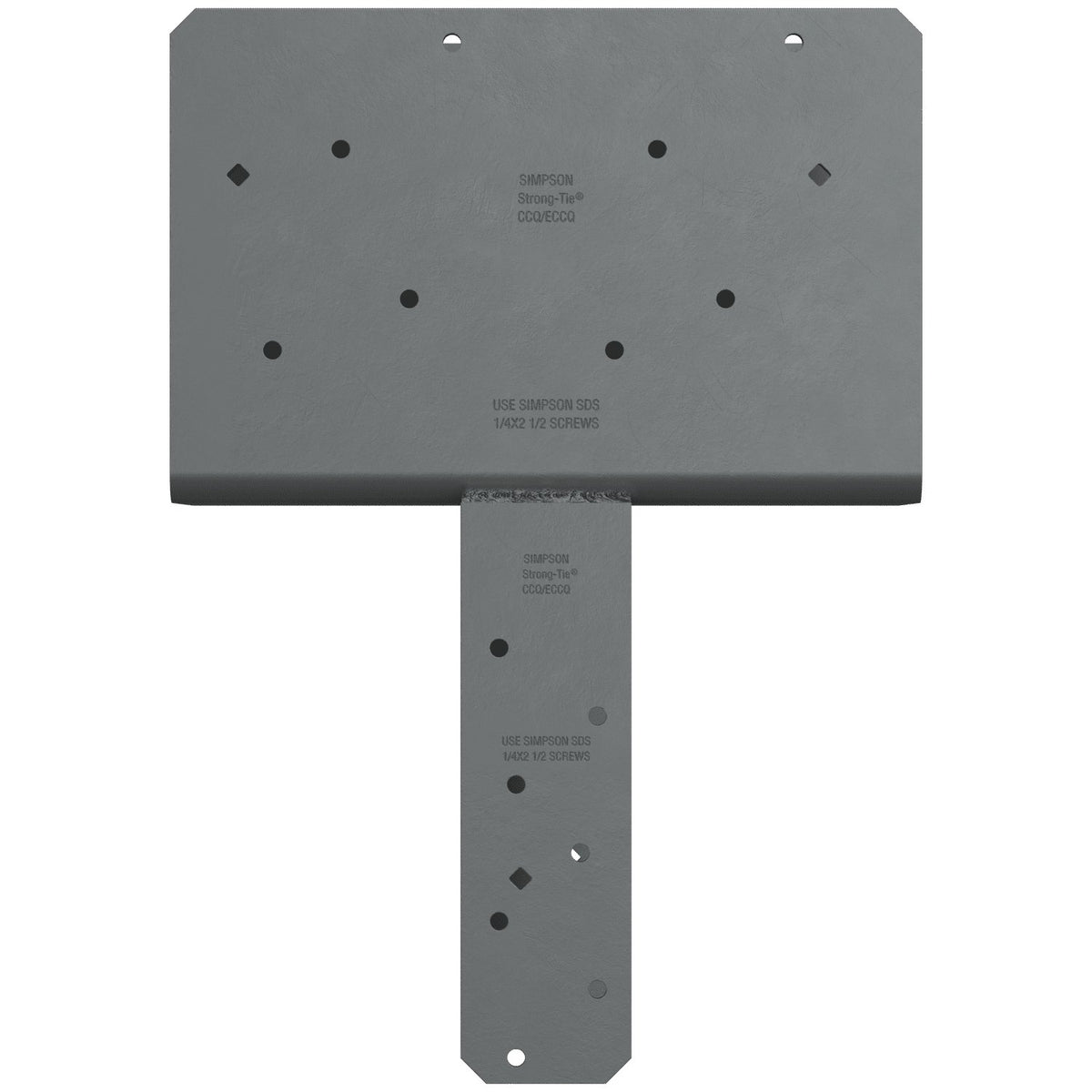 A dark gray metal mounting bracket with pre-drilled holes, featuring a rectangular top plate and a vertical stem, shown against a plain white background.
