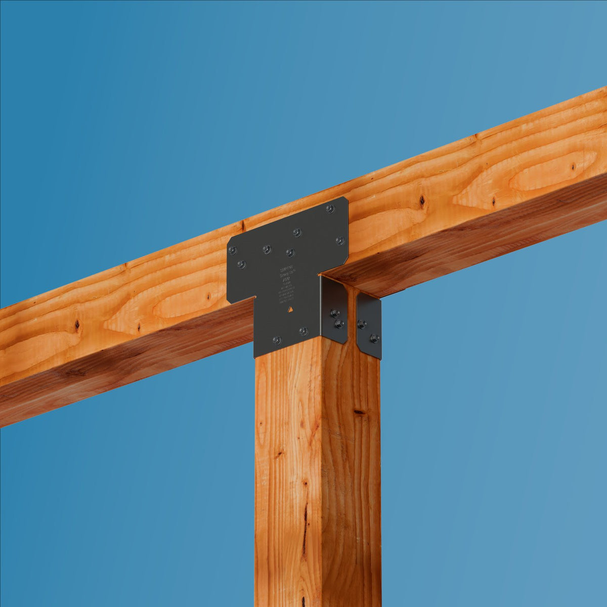 Wooden beams with metal brackets against a blue sky
