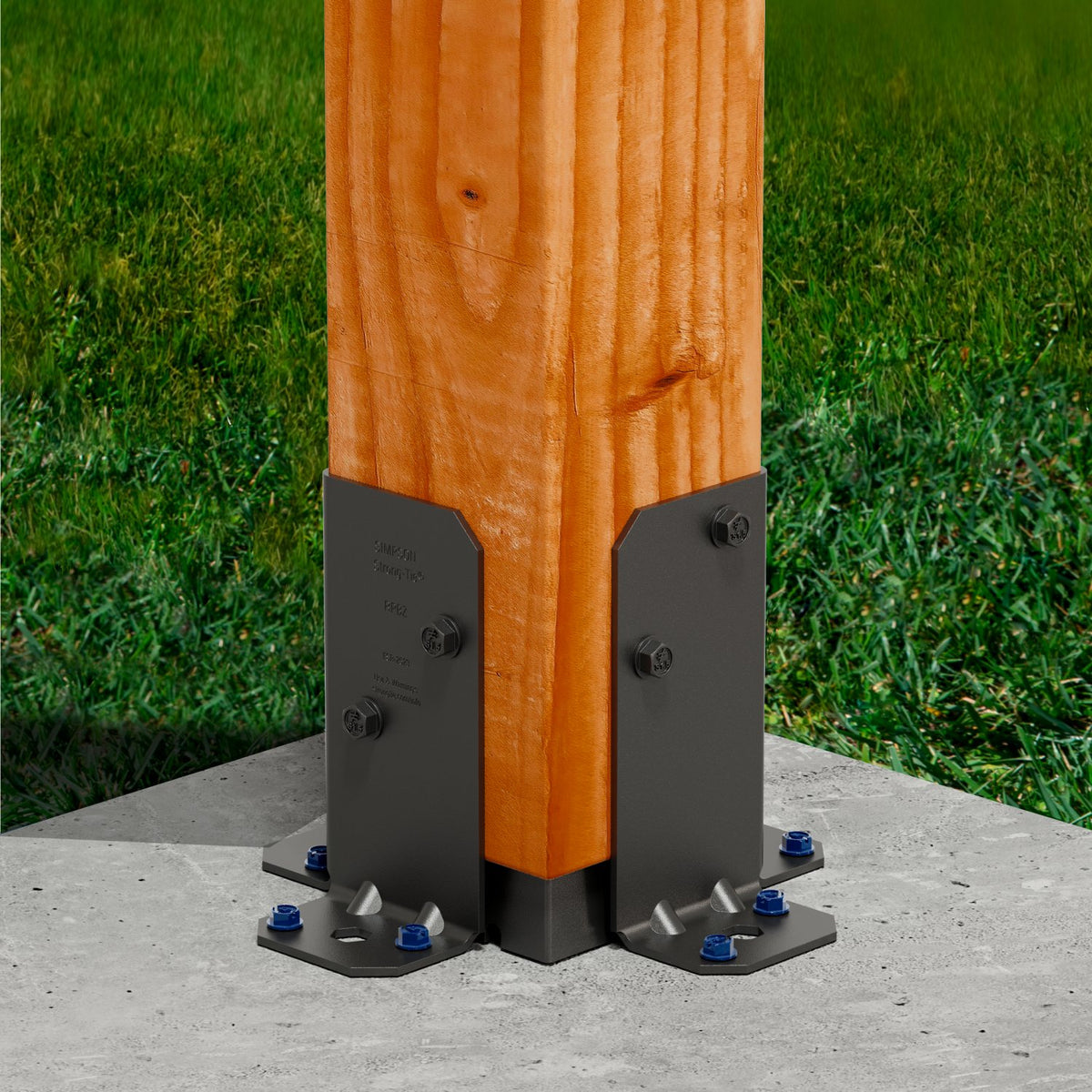 Wooden post with metal brackets on a concrete surface and grass background