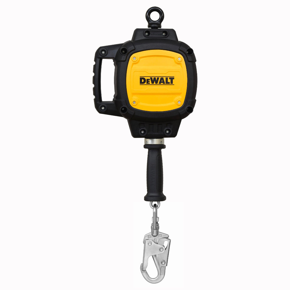 Yellow and black Dewalt safety cable with hook on a white background