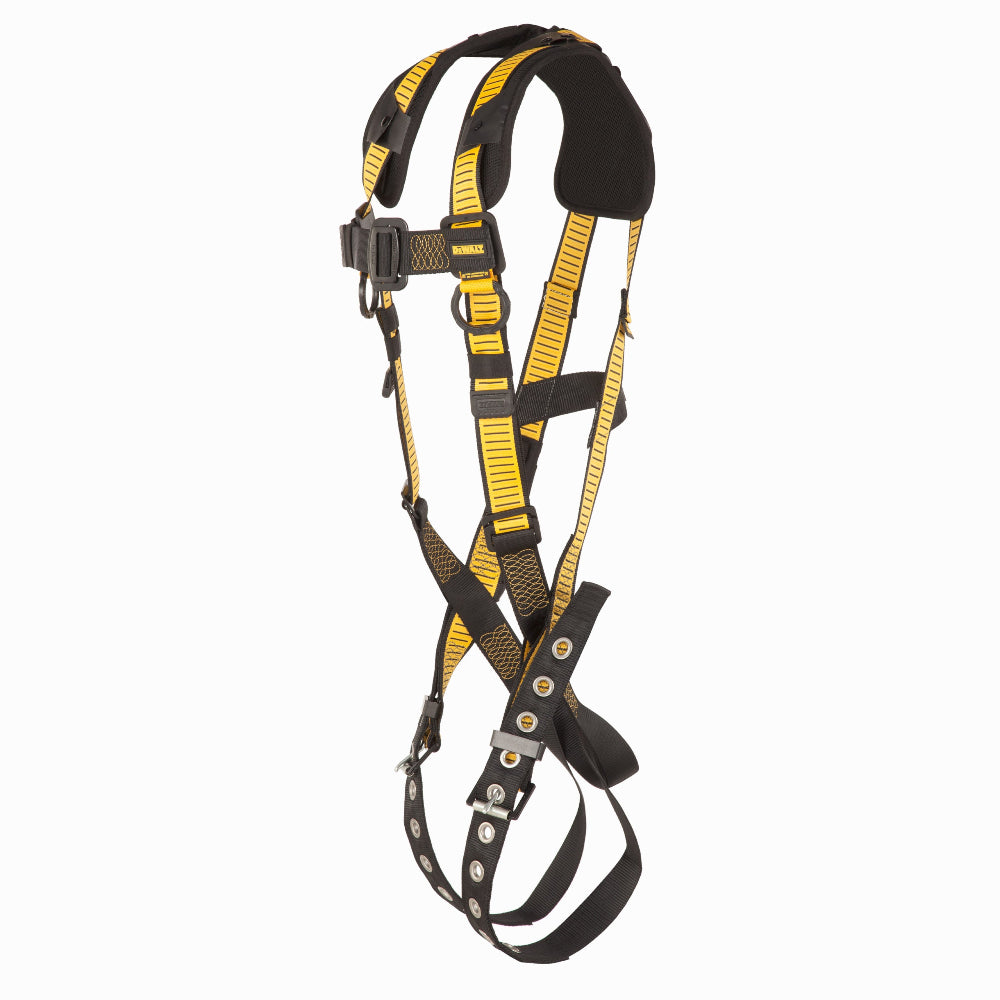 Safety harness with yellow and black straps on a white background