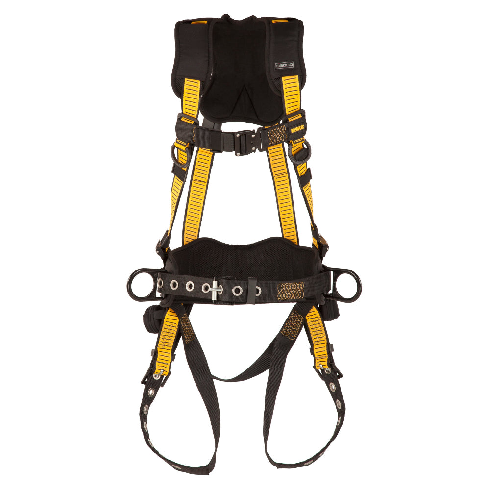 Black and yellow safety harness on a white background