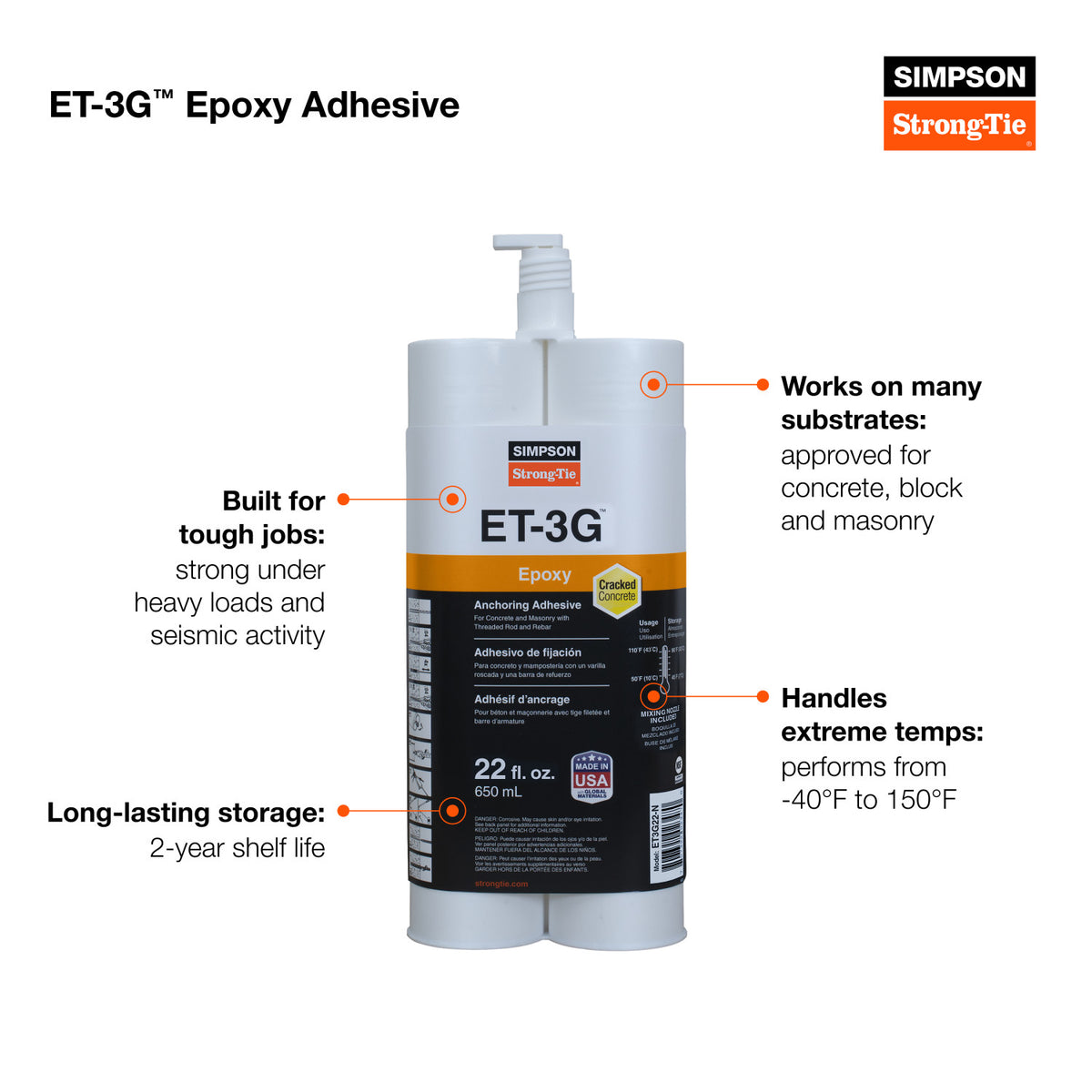 Simpson Epoxy Adhesive w/Nozzle & extension 22 Oz ET3G22-N (ET-HP22-N)