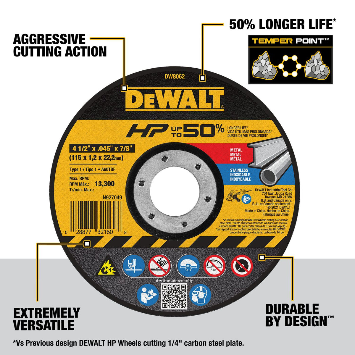 DeWALT 4-1/2" x 7/8" Thin Metal High-Performance Cutting Wheels DW8062
