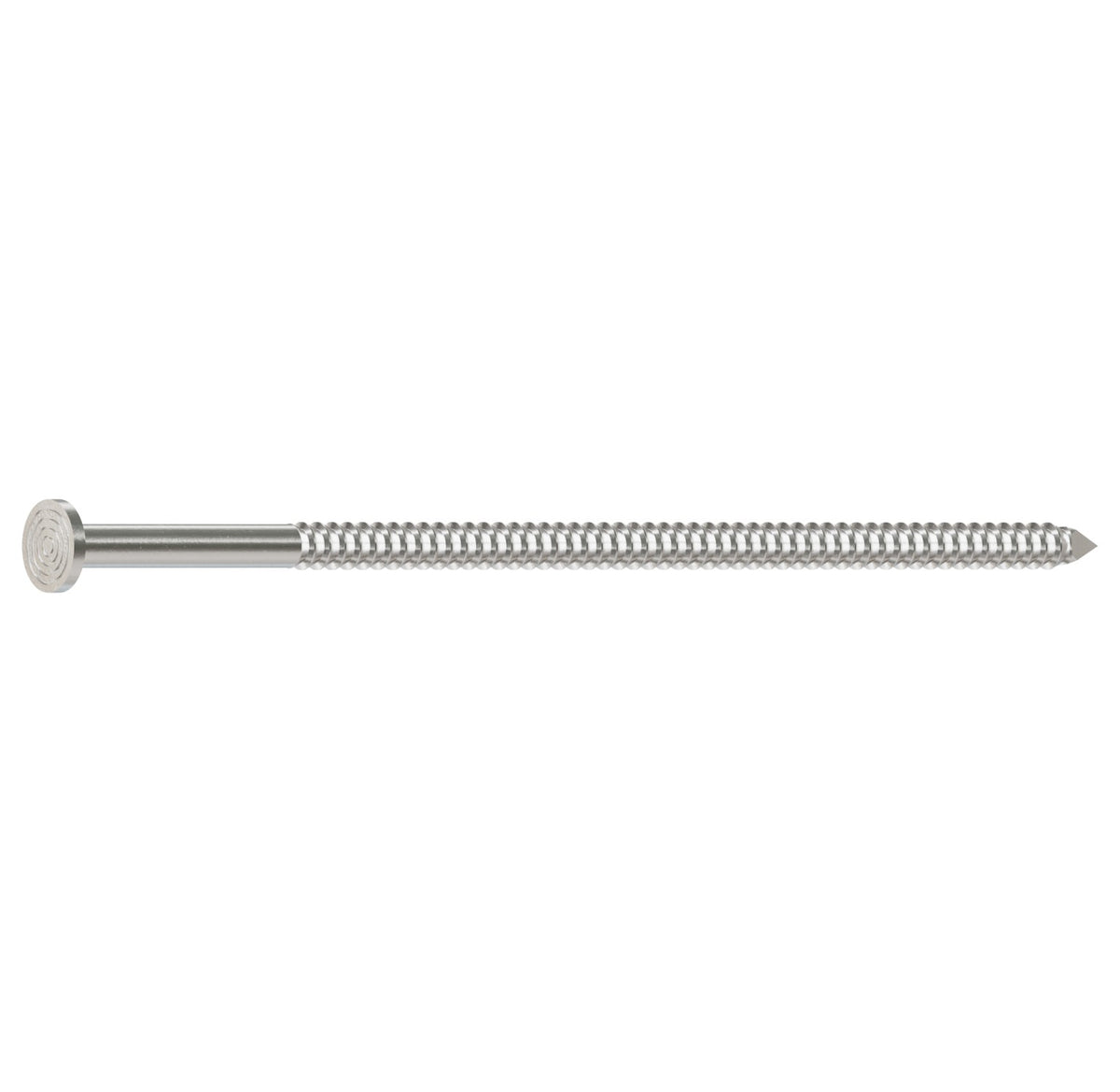A single long metal nail with a threaded shaft, pointed tip, and round flat head, shown horizontally on a plain white background.