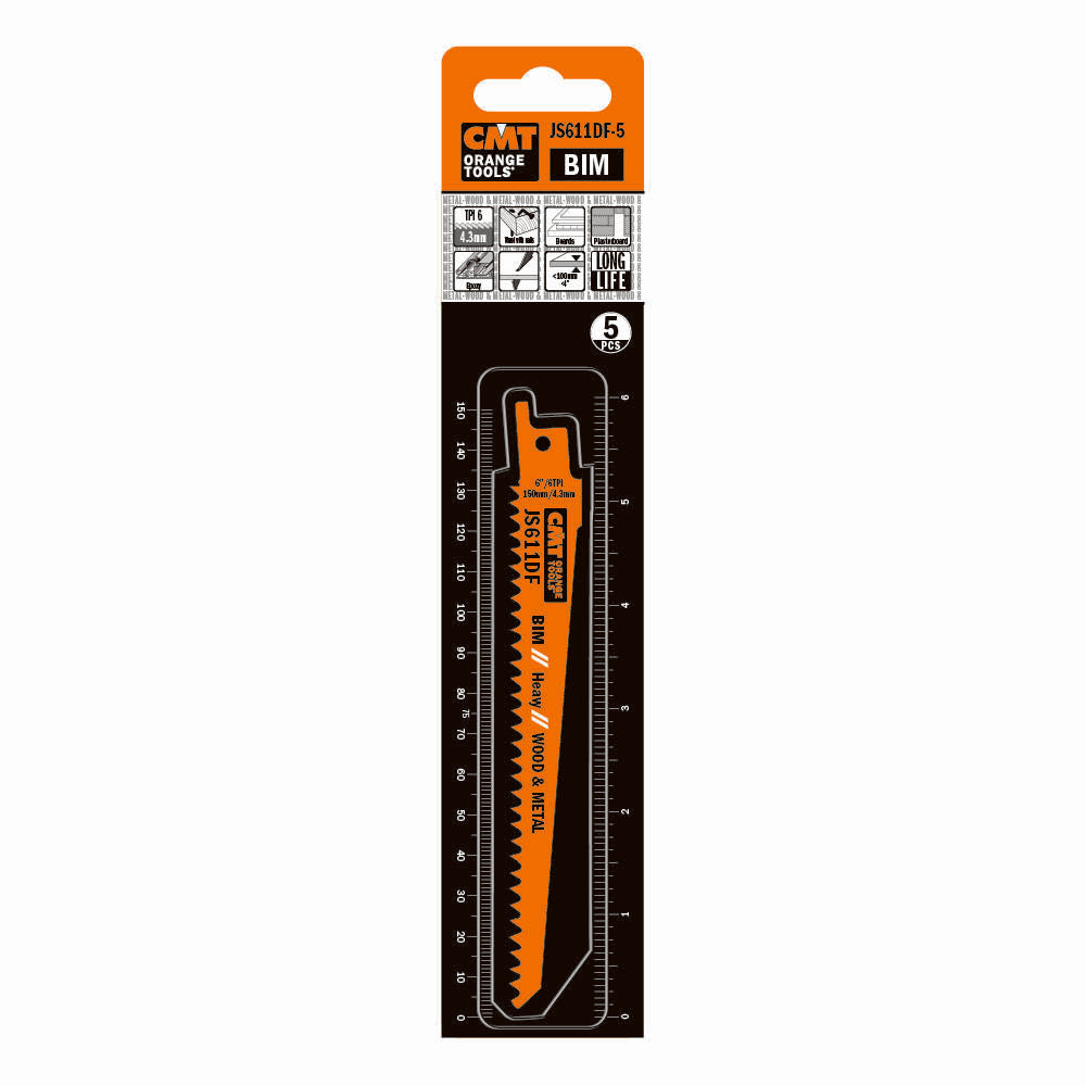 CMT JS611DF-5 Reciprocating Saw Blades for Wood & Metal BIM 6" x 6TPI (5-Pc)