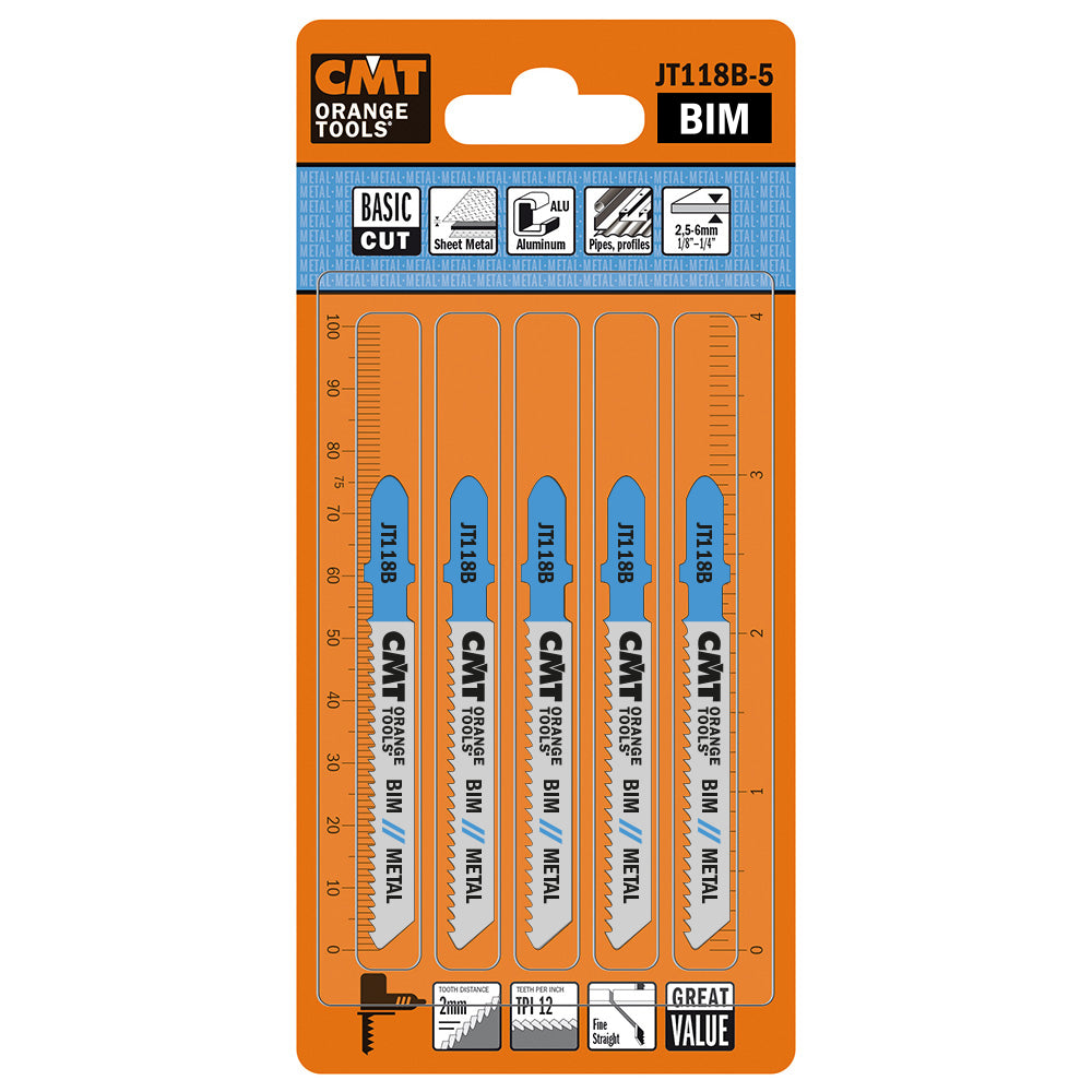 CMT JT118B-5 Jig Saw Blades Metal/Fine Straight (HSs) 3" x 12TPI (5-Pc)