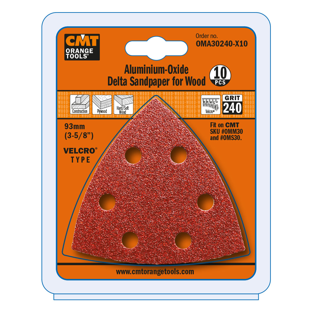 CMT 240 Grit 3-5/8" Aluminum-Oxide Delta Sandpaper for Wood. Perforated (10-Pc)