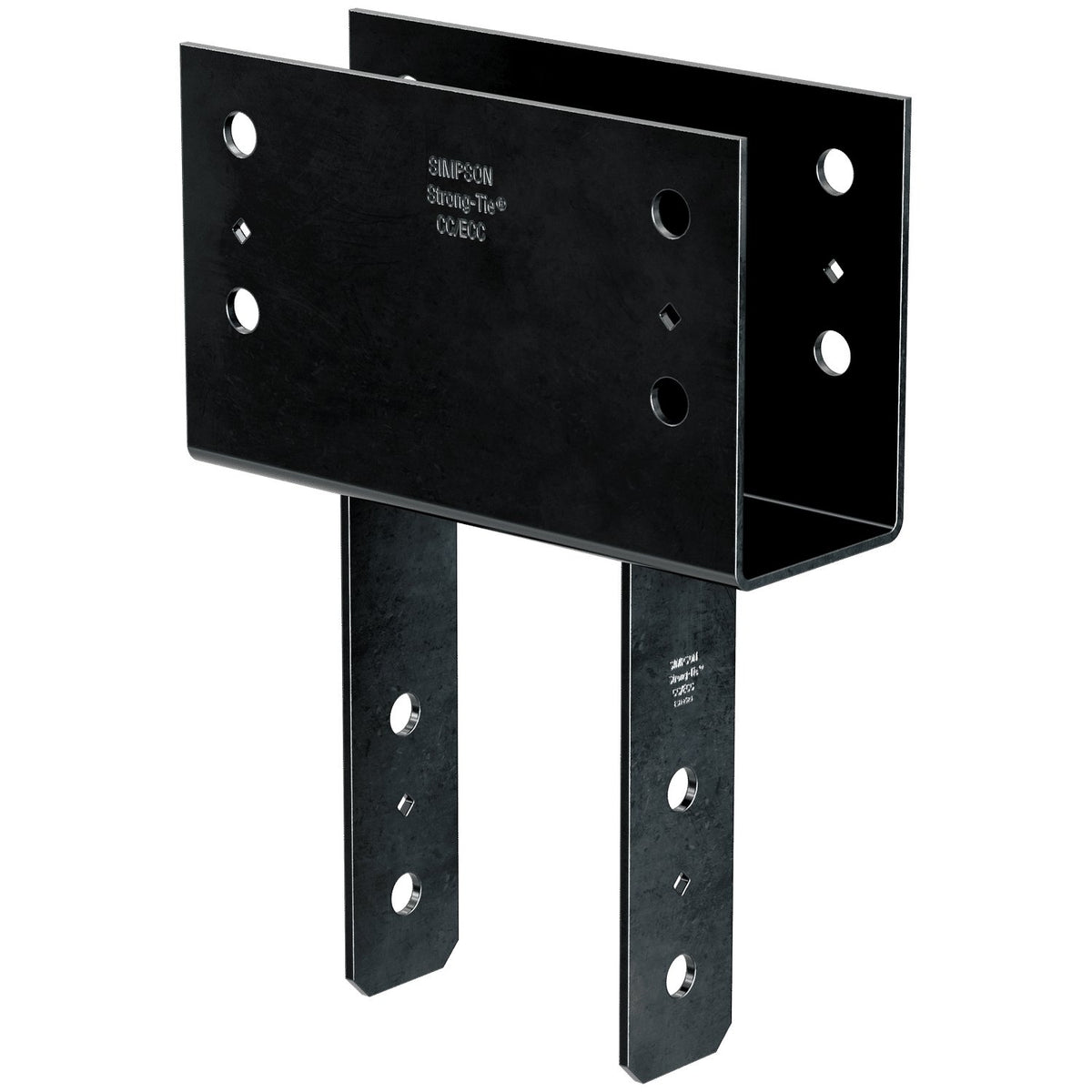 Black metal bracket with holes on a white background
