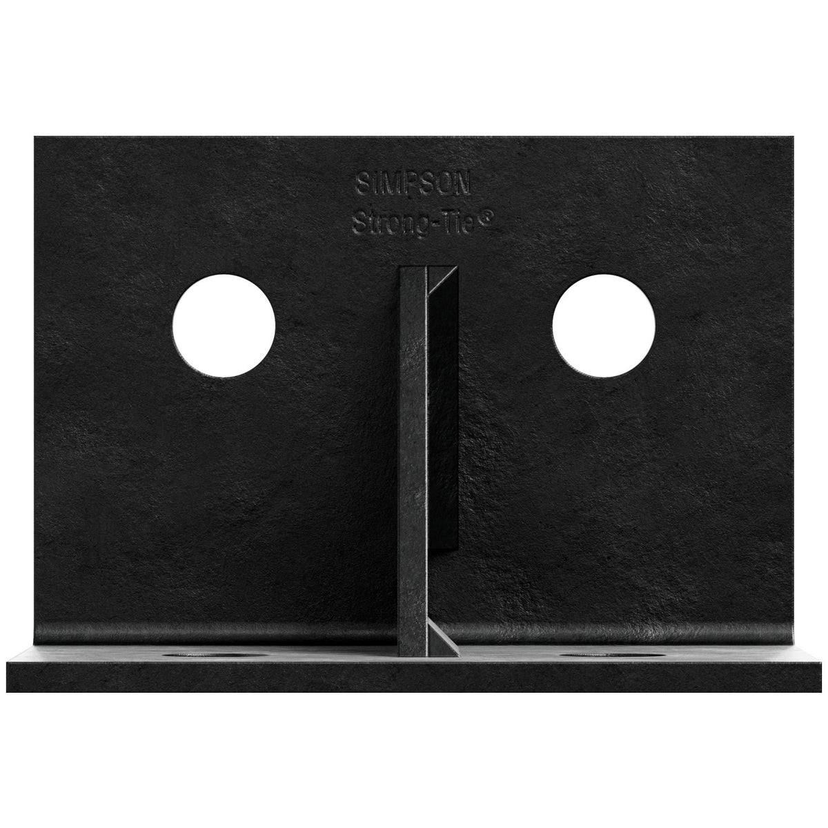Black metal bracket with two holes and 'Simpson Strong-Tie' branding on a white background