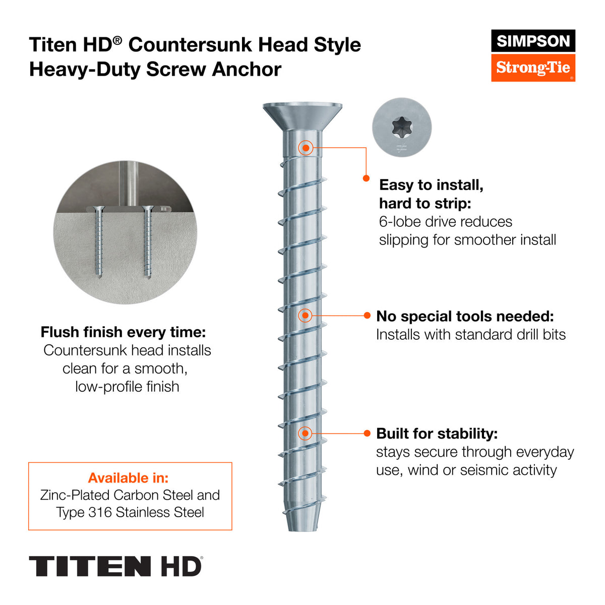 Simpson 3/8" x 5" Countersunk Titen HD Anchor Heavy-Duty