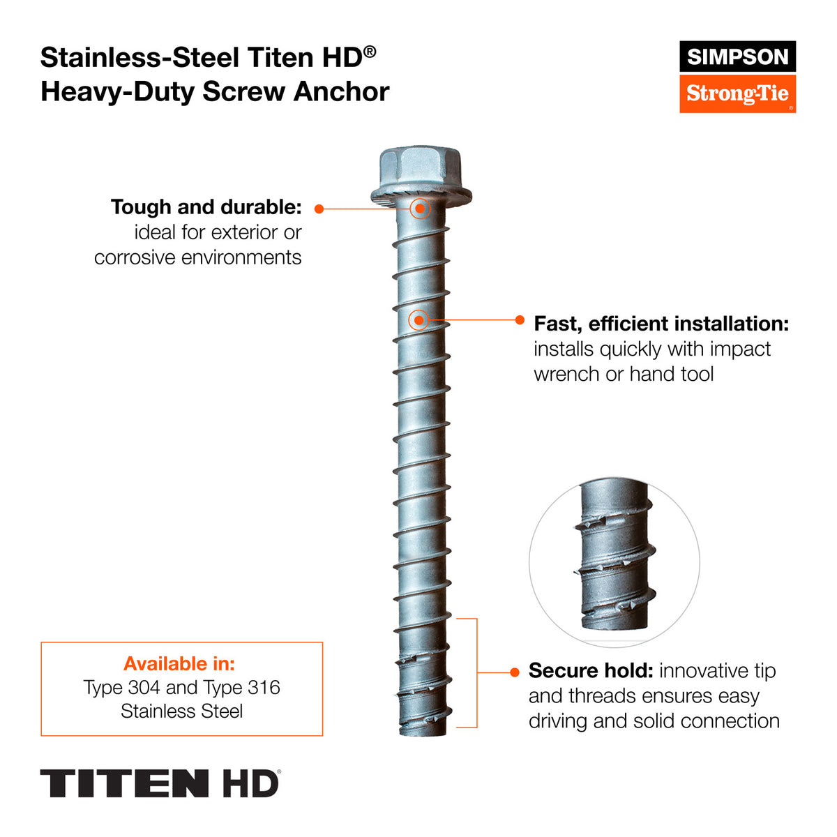 Simpson 1/2" x 4" 304 Stainless Steel Titen HD Screw Anchor