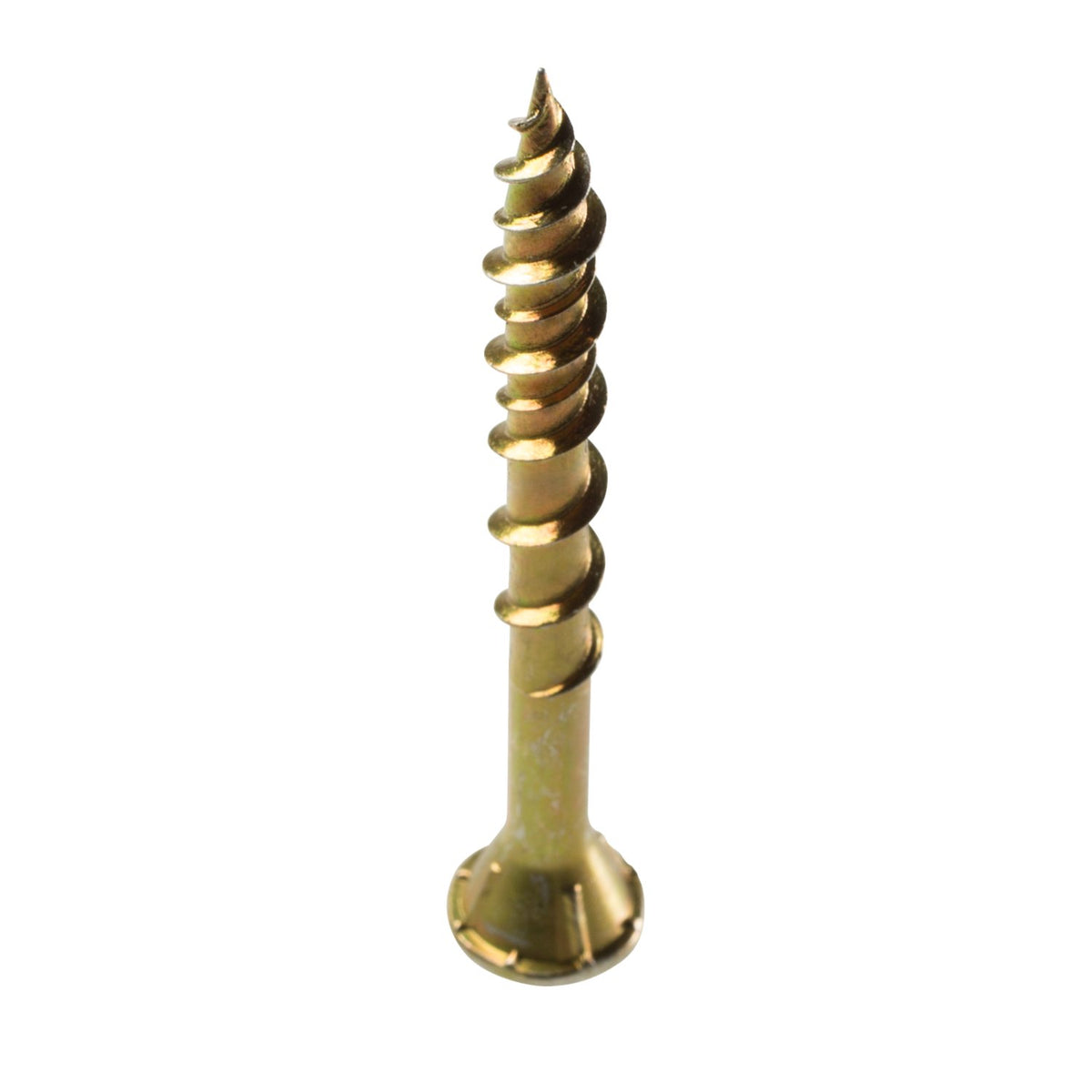 A single brass wood screw with a threaded body and a flat head, shown vertically against a plain white background.