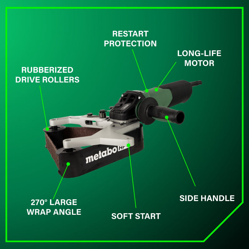 Metabo power tool with features highlighted on a green background