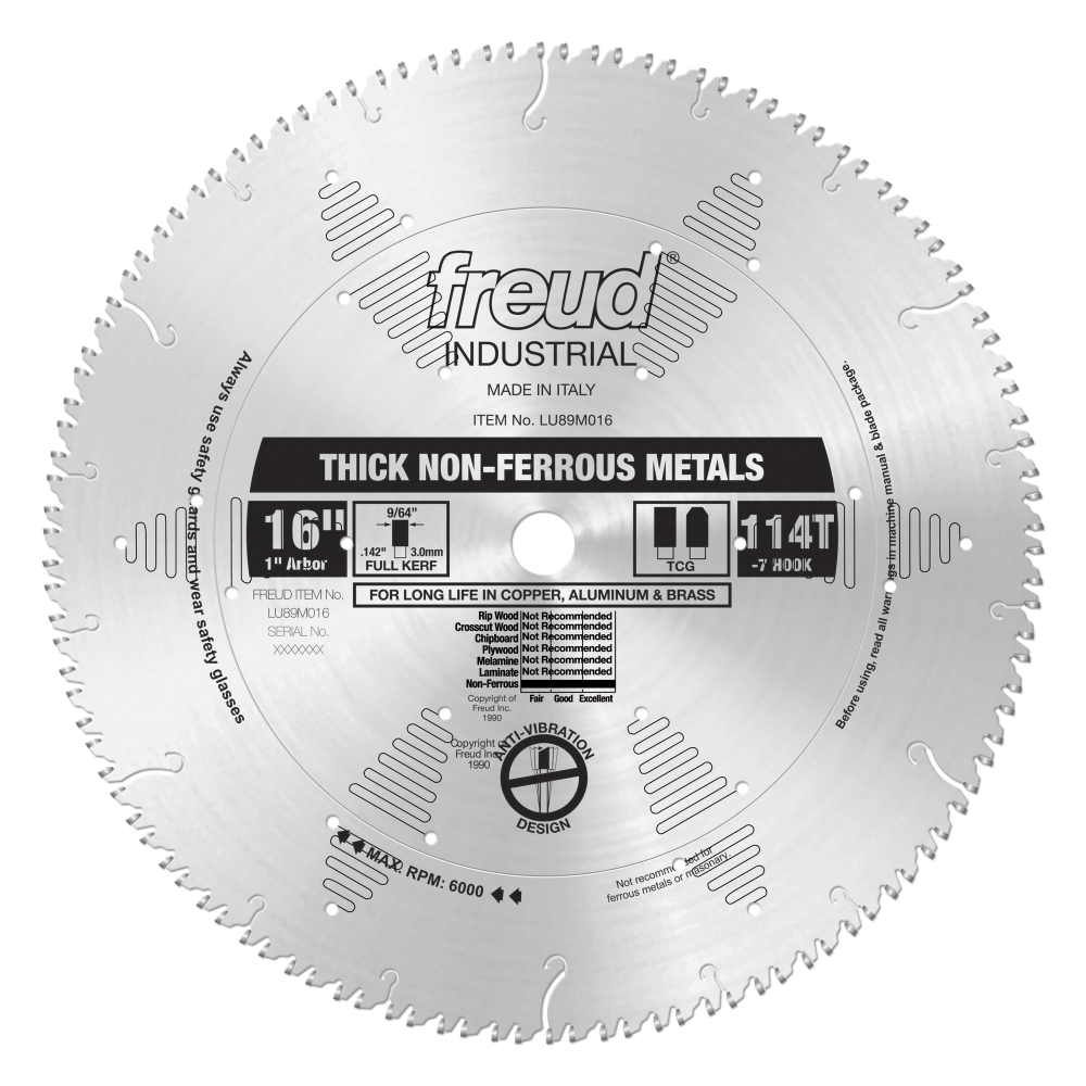 Freud 16" Thick Stock Aluminum Metal Blade - Teeth: 114, Arbor: 1"