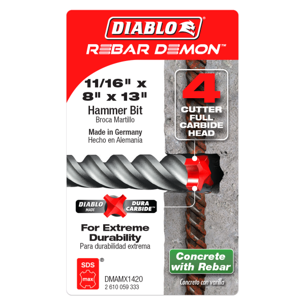 Diablo 11/16" x 8" x 13" Rebar Demon SDS-Max 4-Cutter Full Carbide Head Hammer Drill Bit