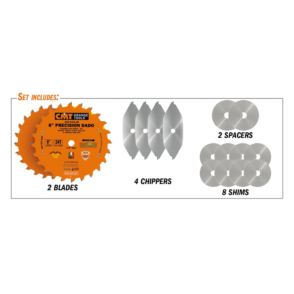 CMT 230.524.08 Orange 8" Precision Dado Blade Set 24 teeth FTG + ATB grind