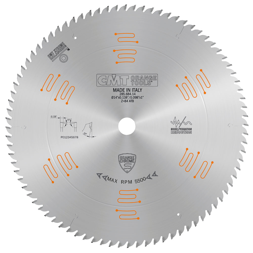 CMT 285.684.14 Orange Chrome Crosscut Fine Finish Saw Blade 14" x 1" T84 ATB