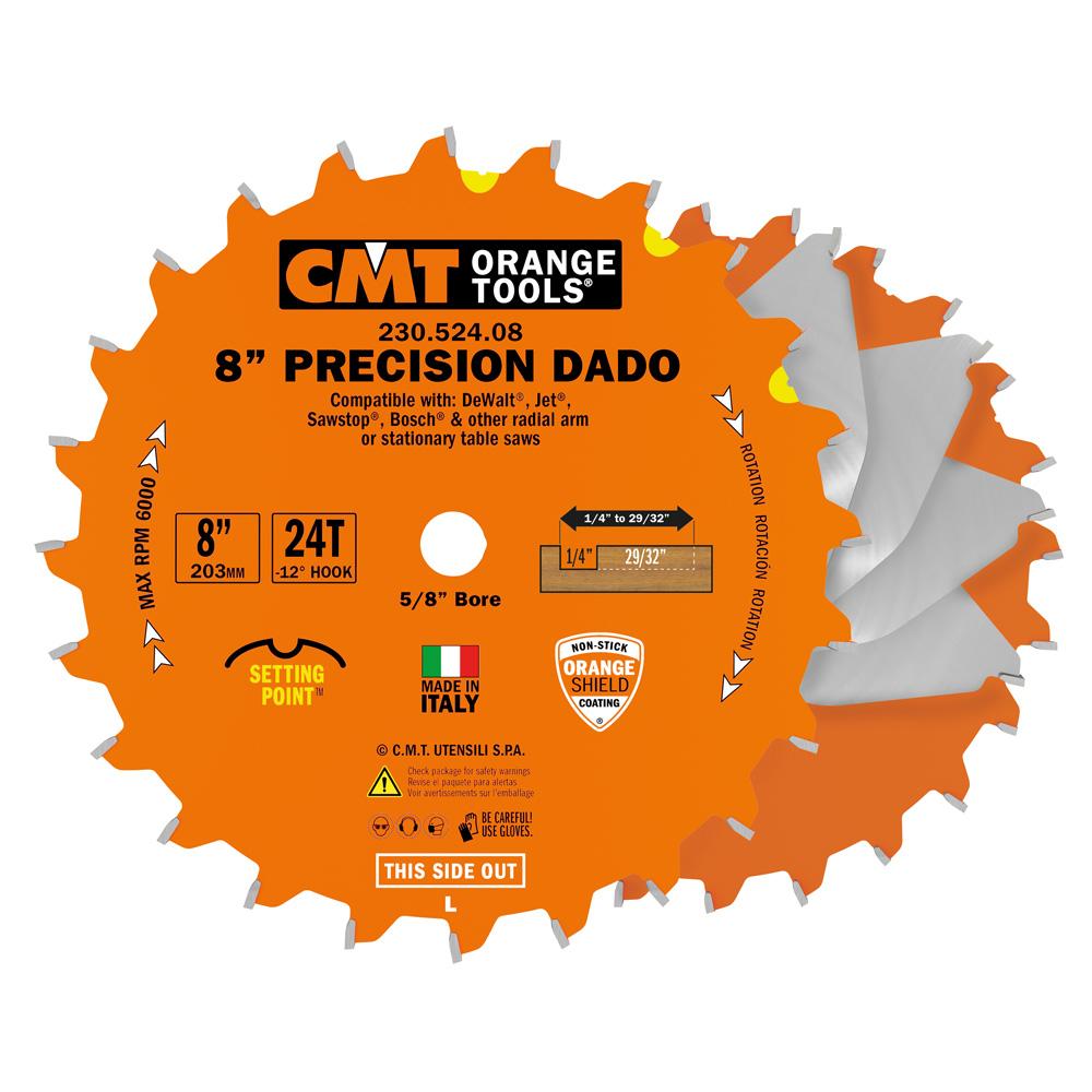 CMT 230.524.08 Precision Dado Set 8"x1/4" To 29/32" x 5/8" T24 Flat+ATB