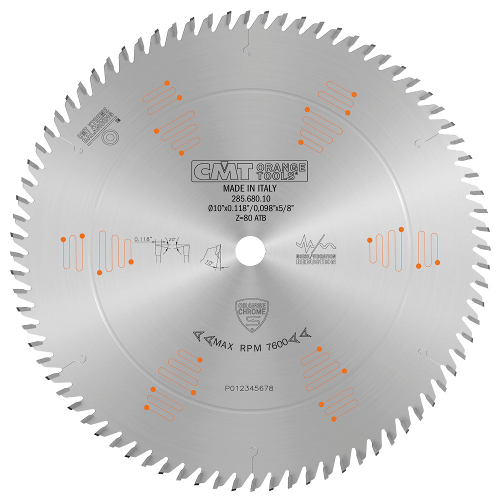 CMT 285.680.10 Orange Chrome Crosscut Ultra Finish Saw Blade 10" x 5/8" T80 ATB