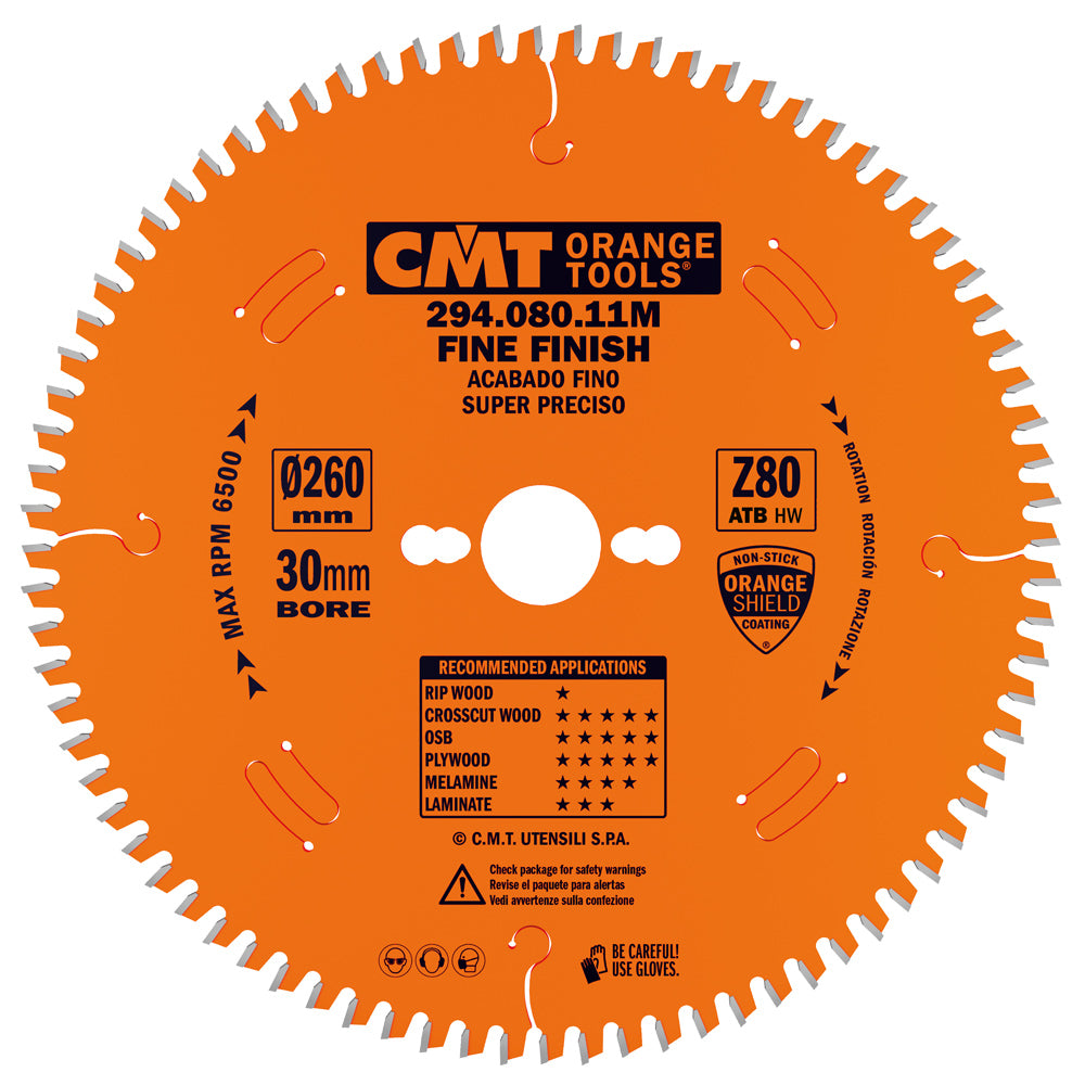 CMT 294.080.11M Fine Finish Ripping-Crosscut Saw Blade 260 x 30mm T80 ATB