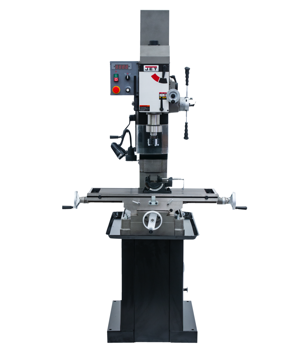 351163, JMD-45VSPF, Variable Speed Square Column Geared Head Mill Drill with Newall DP500 2-Axis DRO & X-Axis Powerfeed
