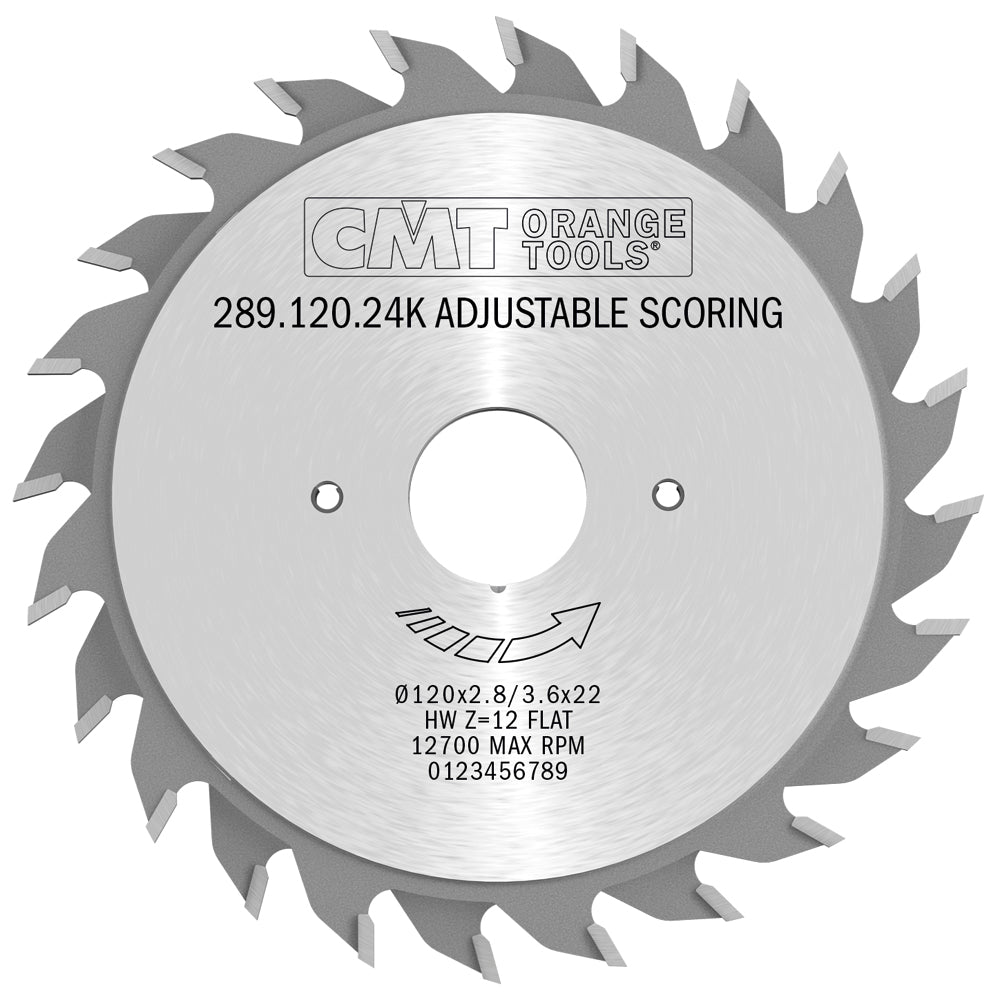 CMT 289.120.24K Industrial Adjustable Scoring Blade 120 x 22mm T12+12 Flat