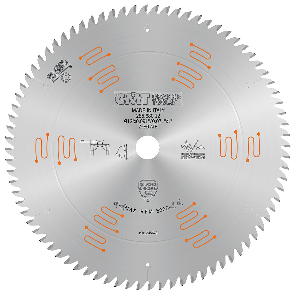 CMT 285.680.12 Chrome Fine Finish Sliding Compound Saw Blade 12" x 1" T80 ATB
