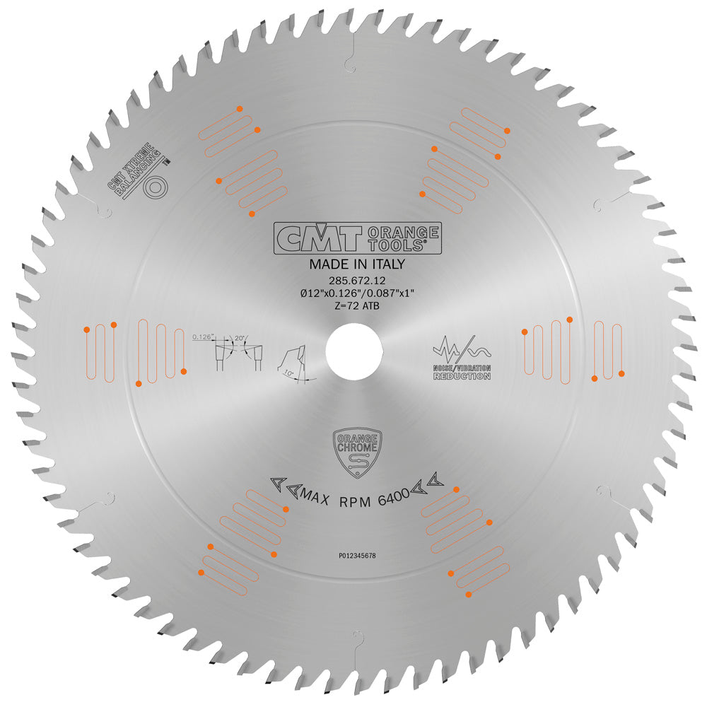 CMT 285.672.12 Orange Chrome Crosscut Fine Finish Saw Blade 12" x 1" T72 ATB