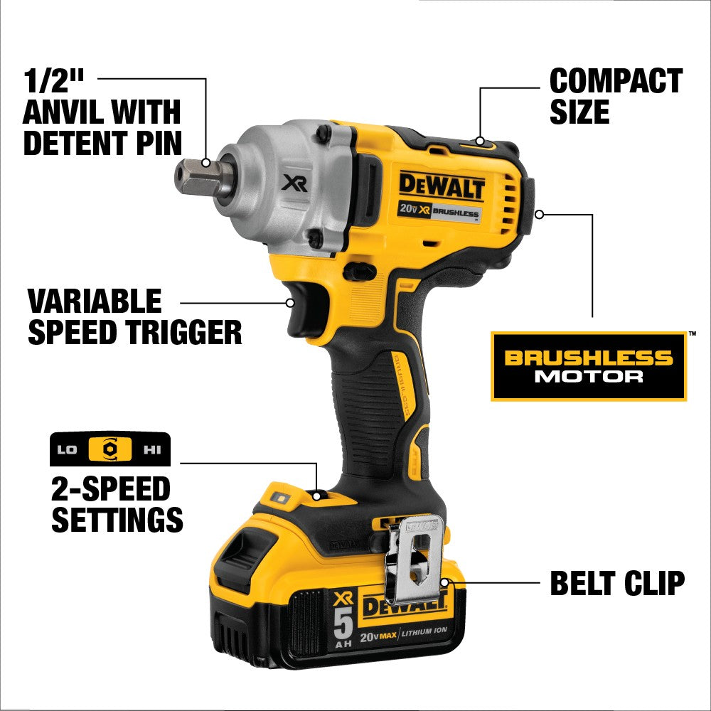 A DeWalt cordless impact wrench with multiple callout labels pointing to features such as the anvil bit, compact size, variable speed trigger, brushless motor, belt clip, and 2-speed settings on a white background.