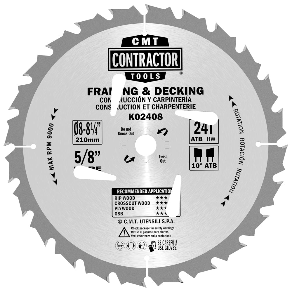 CMT K02408 ITK Contractor Saw Blade Framing/Decking 8-8-1/4" x 5/8" T24 ATB