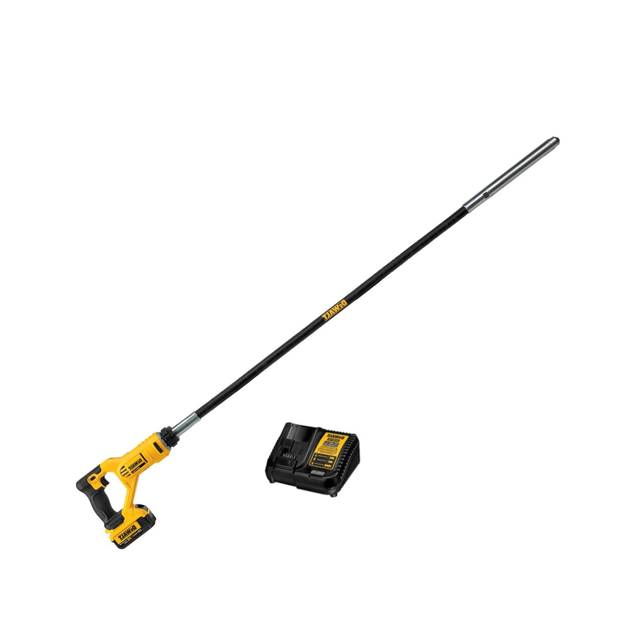 DeWALT 20V Max Concrete Pencil Vibrator Kit with a yellow and black color scheme, including the vibrator device, battery, and charger.