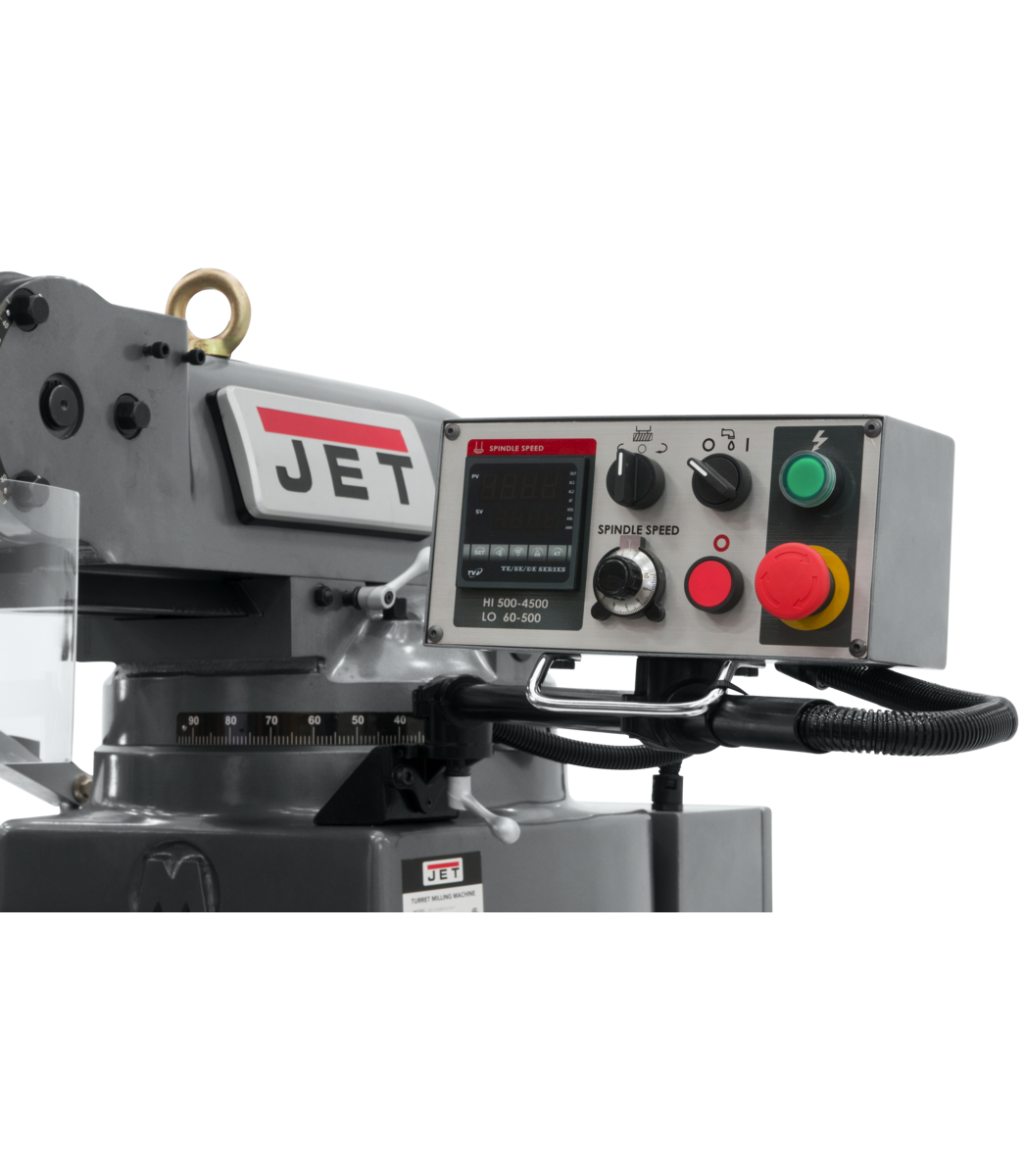 JET JTM-949EVS/230 Vertical Milling Machine 3-Axis Newall DP700 DRO X-Axis Powerfeed Air Powered Draw Bar