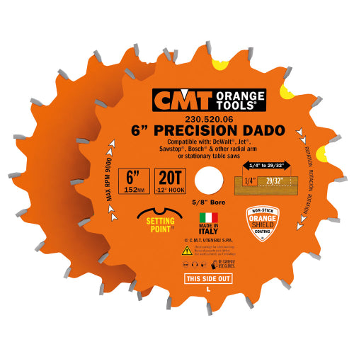 CMT 230.520.06 Precision 6" Dado Set 1/4" to 29/32" x 5/8"