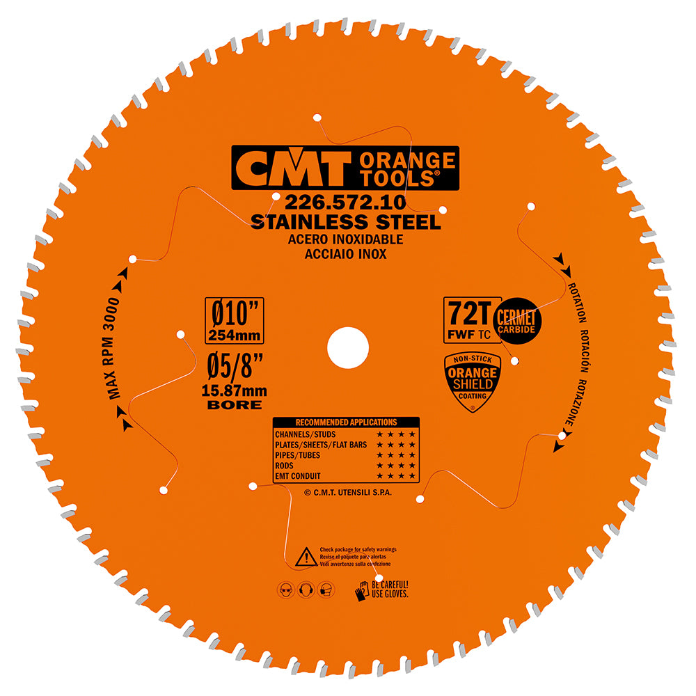 CMT 226.572.10 Stainless Steel Saw Blade 10" x 5/8" T72 FWF