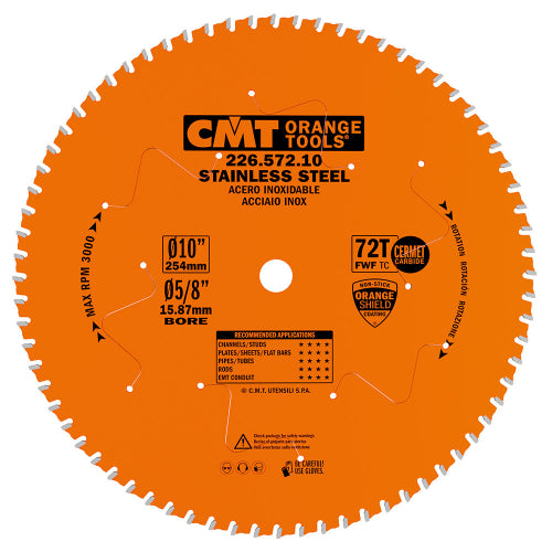CMT 226.572.10 Stainless Steel Saw Blade 10" x 5/8" T72 FWF