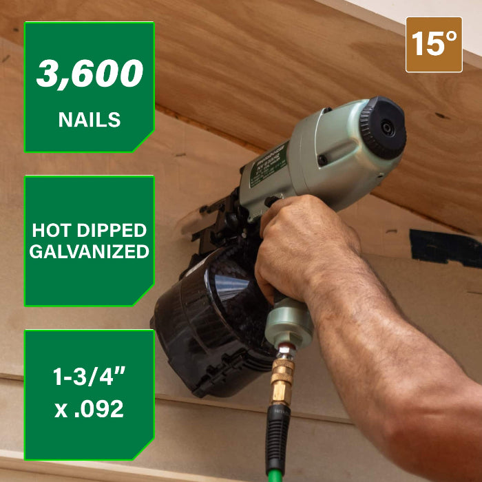 Person using a nail gun with specifications displayed on a wooden surface