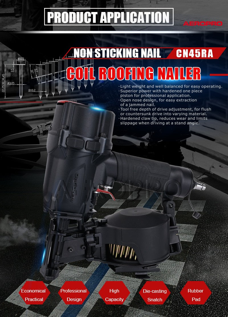 Coil roofing nailer with text on product application and features.