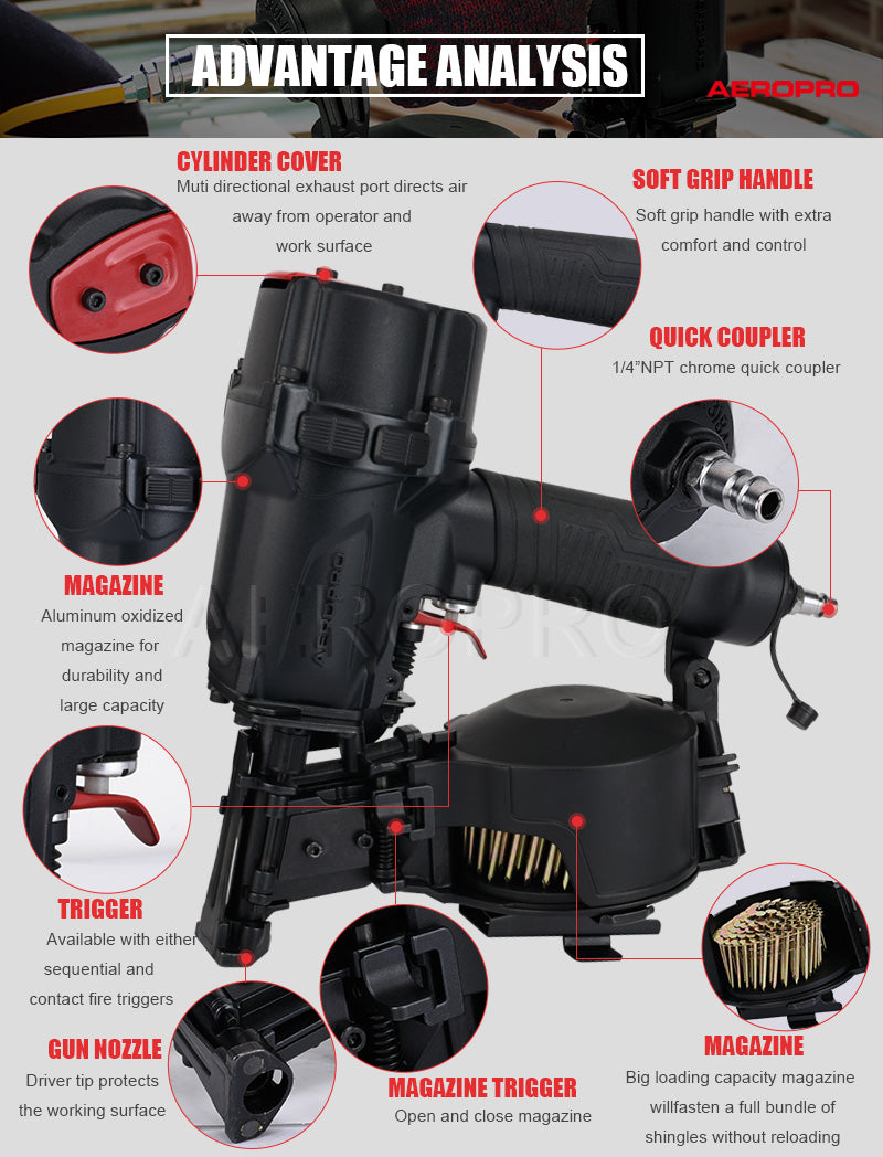 Pneumatic nail gun with labeled parts on a white background