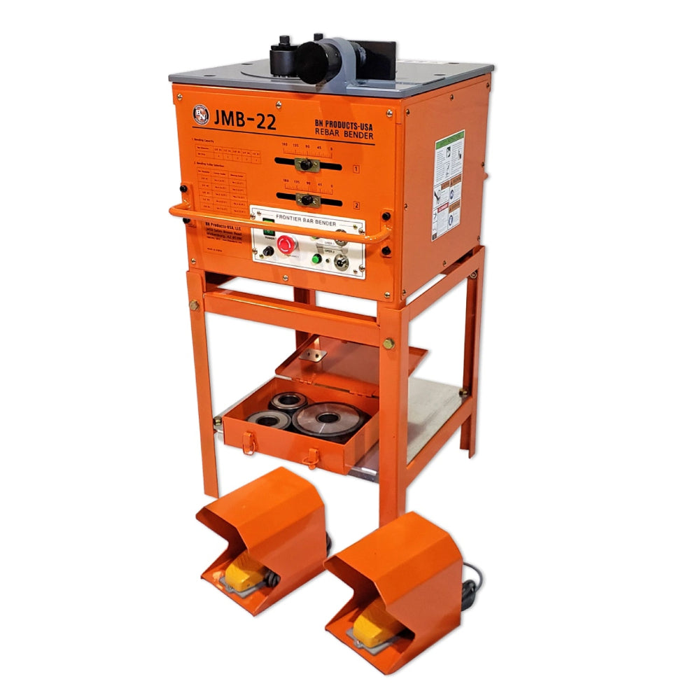 An orange industrial machine on a metal stand with two matching orange foot pedals in front, photographed on a plain white background. The front panel shows the model text JMB-22 and product labeling.