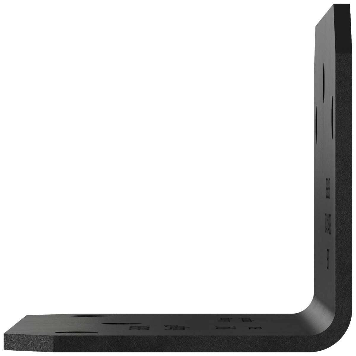 A black metal L-shaped bracket with mounting holes, shown from a side angle against a plain white background.