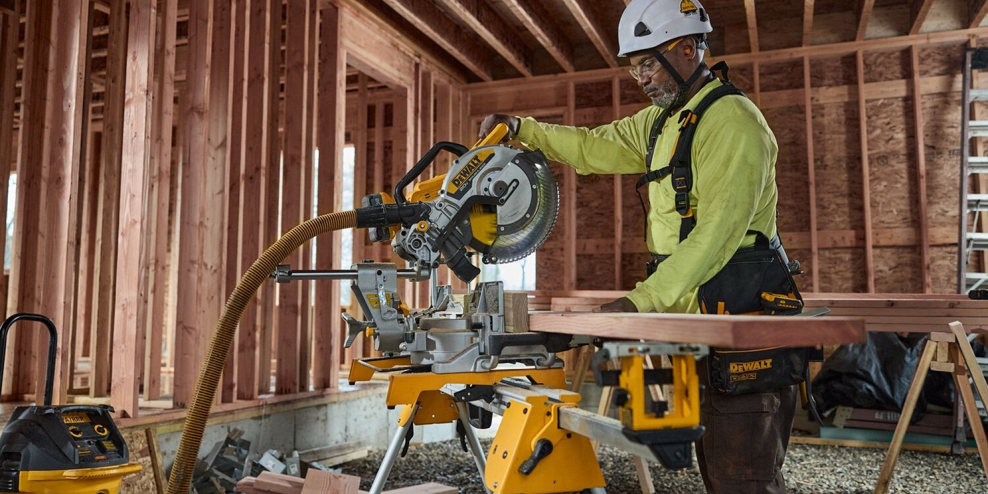 Person using a circular saw in a construction setting
