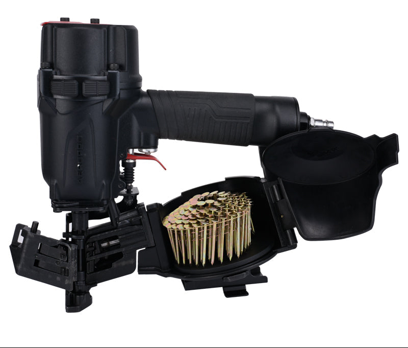 Aeropro nail gun with a container of nails on a white background