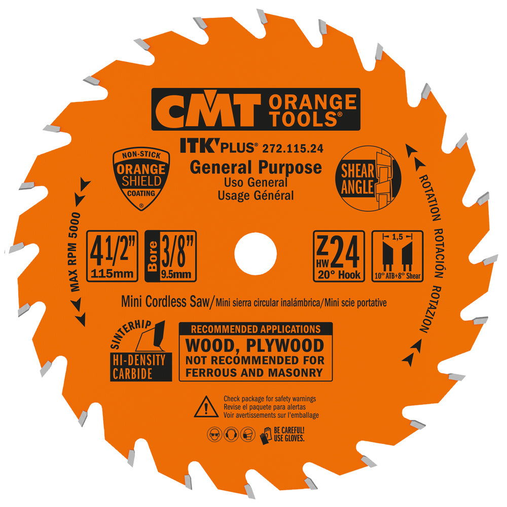 CMT 272.115.24 Contractor ITK Plus Finish Saw Blade 4-1/2” 3/8” T=24 ATB+SHEAR