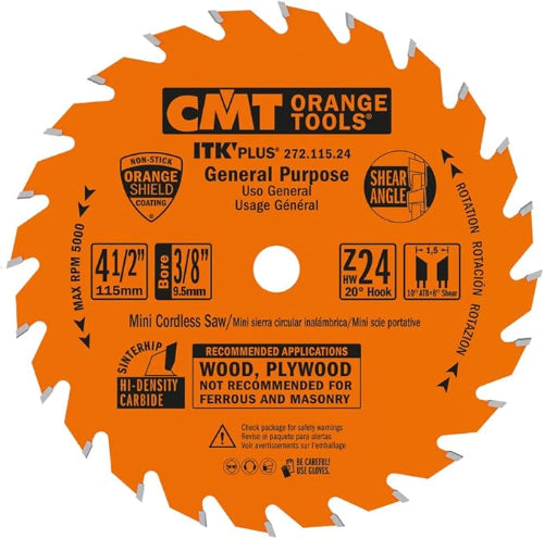 CMT 272.115.24 Contractor ITK Plus Finish Saw Blade 4-1/2” 3/8” T=24 ATB+SHEAR