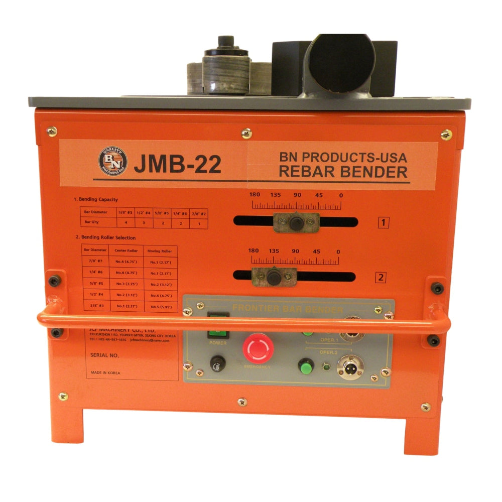 An orange JMB-22 BN Products USA Rebar Bender machine with a gray control panel, red and green buttons, and metal rollers on top, shown against a white background.
