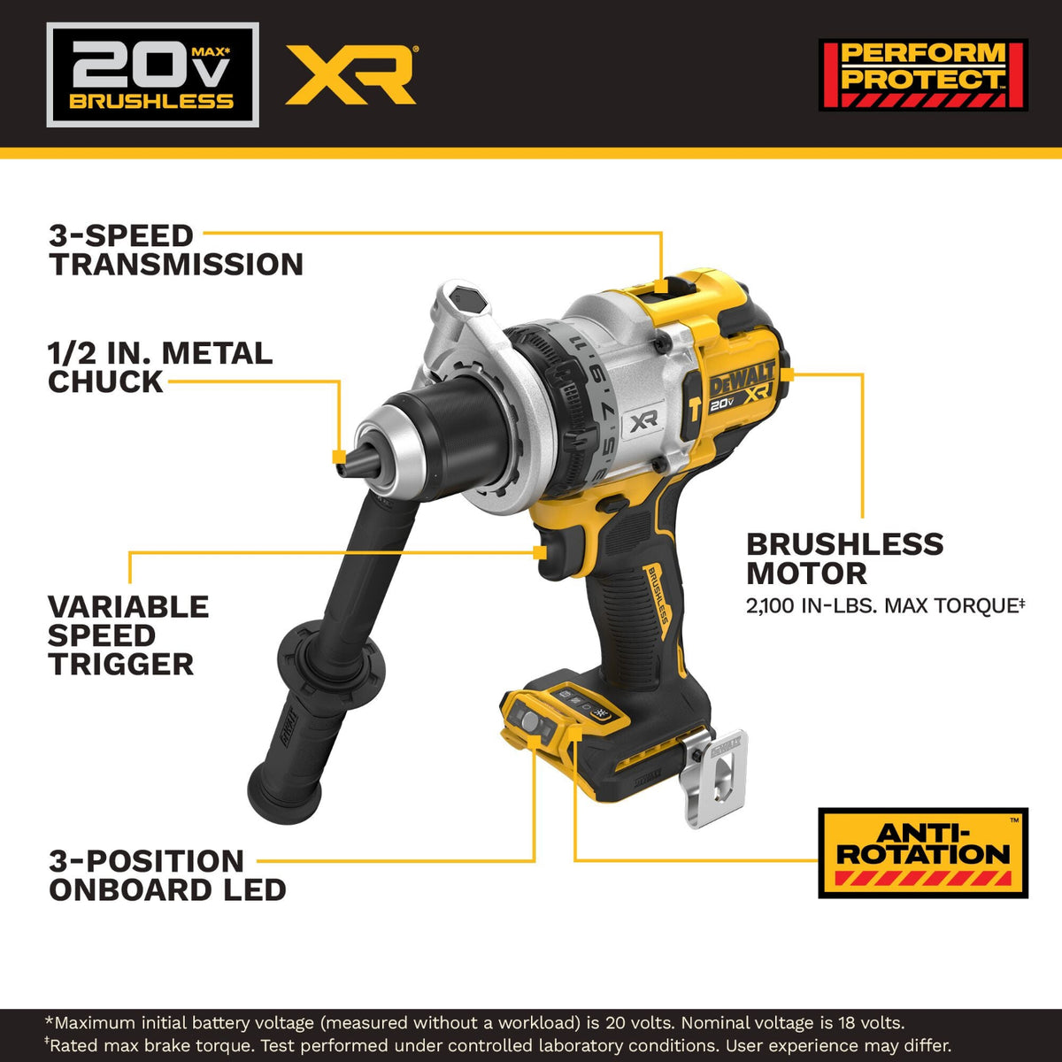 Cordless drill with features highlighted on a white background